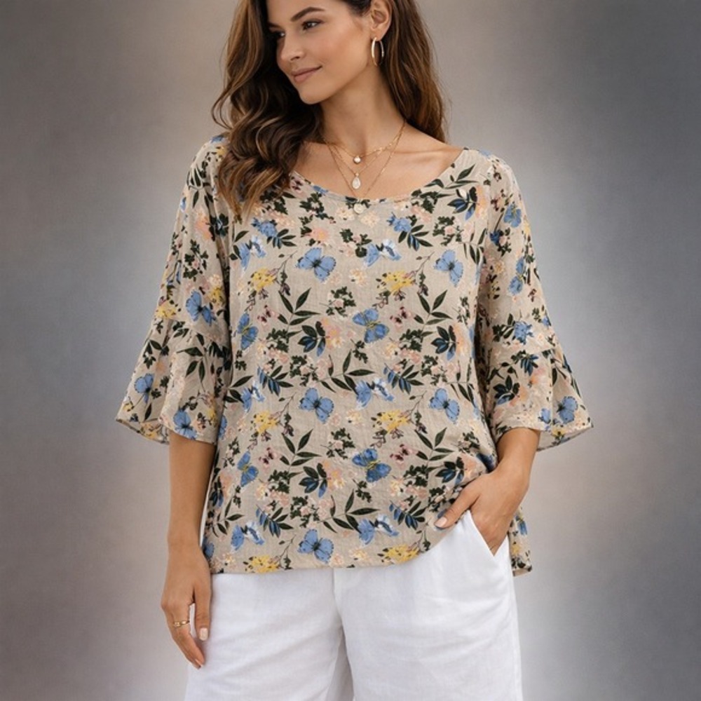 Viola Borghi Floral‎ Linen Blouse Top Size L Blue Tan Cottagecore Made in Italy
